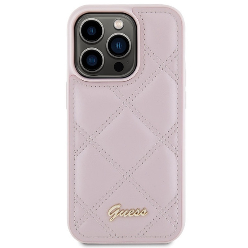 Guess GUHCP15LPSQSQSP Quilted Metal Logo Hardcase for Apple iPhone 15 Pro, pink