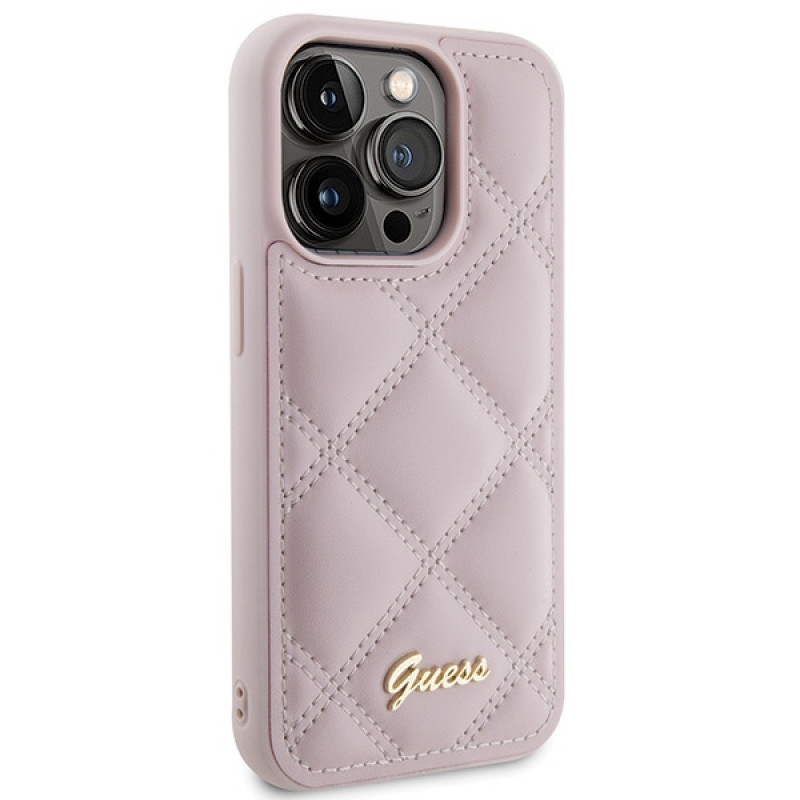 Guess GUHCP15LPSQSQSP Quilted Metal Logo Hardcase for Apple iPhone 15 Pro, pink