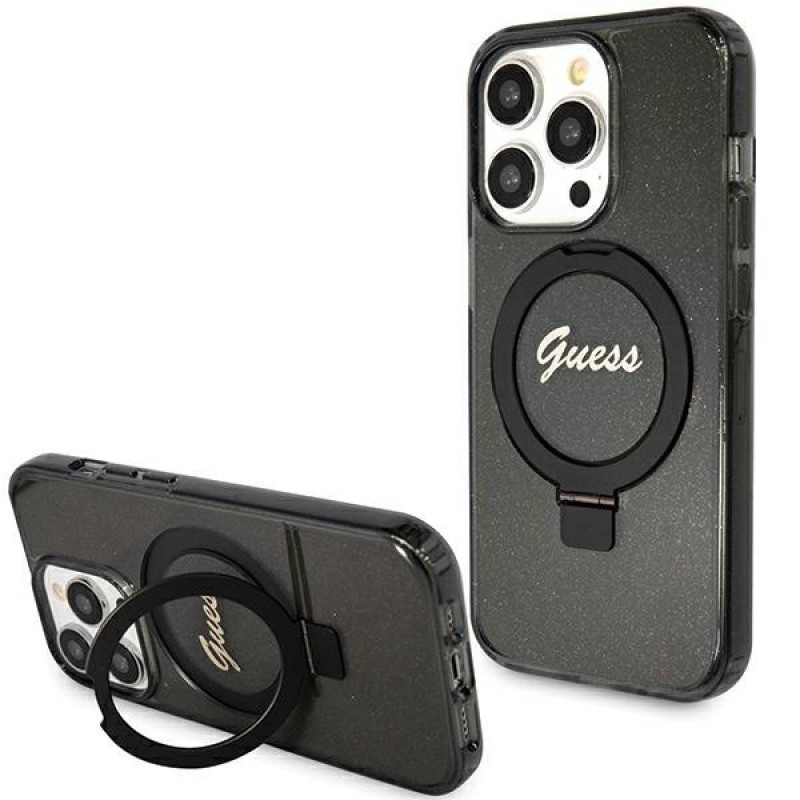 Guess GUHMP15LHRSGSK Ring Stand Script Glitter MagSafe Hardcase for Apple iPhone 15 Pro, Black