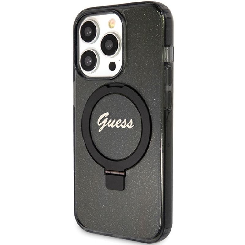 Guess GUHMP15LHRSGSK Ring Stand Script Glitter MagSafe Hardcase for Apple iPhone 15 Pro, Black