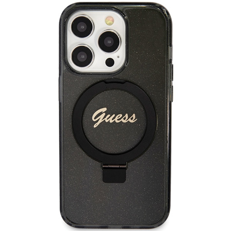 Guess GUHMP15XHRSGSK Ring Stand Script Glitter MagSafe Hardcase for Apple iPhone 15 Pro Max, Black