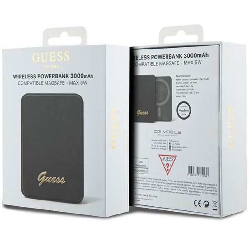 Guess GUPBM3ALGSGK Powerbank 3000 mAh, 5 W, MagSafe Metal Script Logo, Black