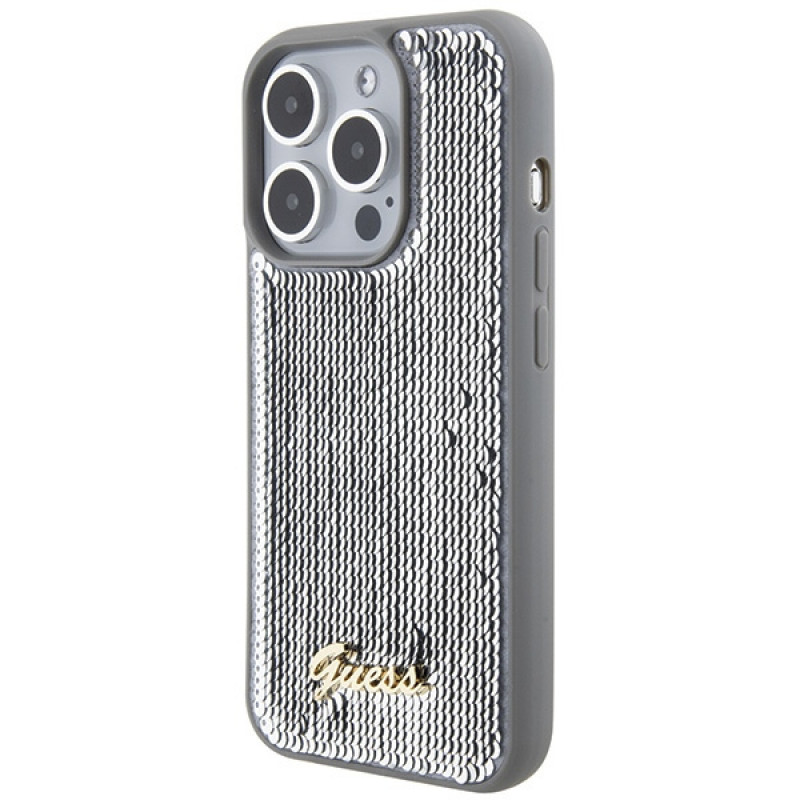 Guess GUHCP15LPSFDGSS Sequin Script Metal Hardcase for Apple iPhone 15 Pro, Silver