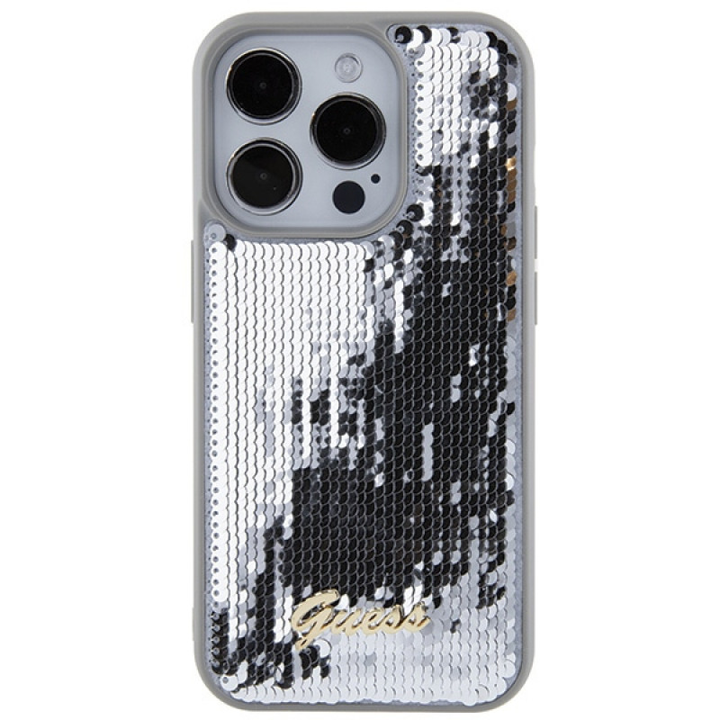 Guess GUHCP15LPSFDGSS Sequin Script Metal Hardcase for Apple iPhone 15 Pro, Silver