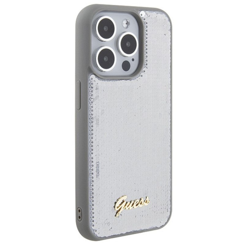 Guess GUHCP15LPSFDGSS Sequin Script Metal Hardcase for Apple iPhone 15 Pro, Silver