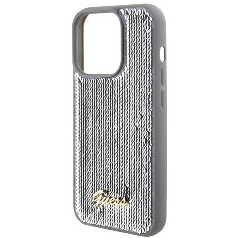 Guess GUHCP15LPSFDGSS Sequin Script Metal Hardcase for Apple iPhone 15 Pro, Silver