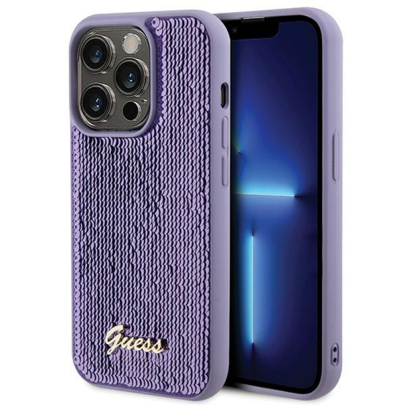 Guess GUHCP15XPSFDGSU Sequin Script Metal Hardcase for Apple iPhone 15 Pro Max, Purple