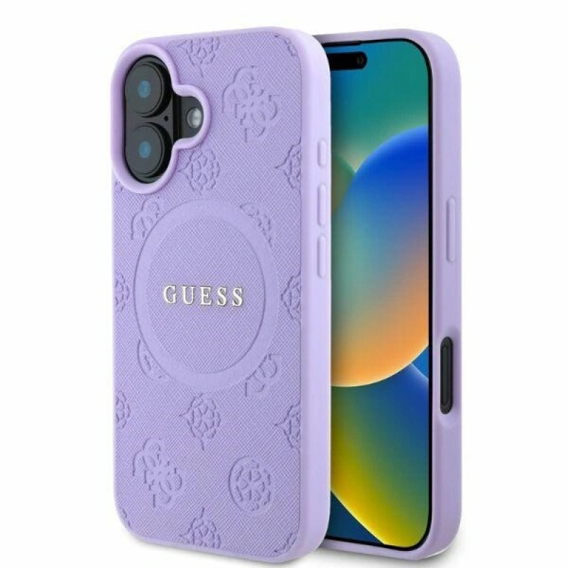 Guess Saffiano Peony Stamp MagSafe Case for Apple iPhone 16, purple