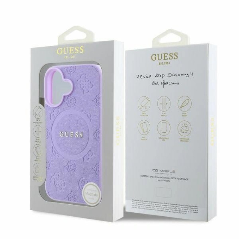 Guess Saffiano Peony Stamp MagSafe Case for Apple iPhone 16, purple