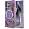 Guess Glitter Flowers Triangle Buttons MagSafe Case for Samsung Galaxy S25 Ultra, purple