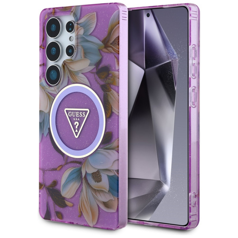 Guess Glitter Flowers Triangle Buttons MagSafe Case for Samsung Galaxy S25 Ultra, purple