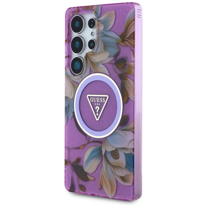 Guess Glitter Flowers Triangle Buttons MagSafe Case for Samsung Galaxy S25 Ultra, purple