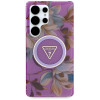 Guess Glitter Flowers Triangle Buttons MagSafe Case for Samsung Galaxy S25 Ultra, purple