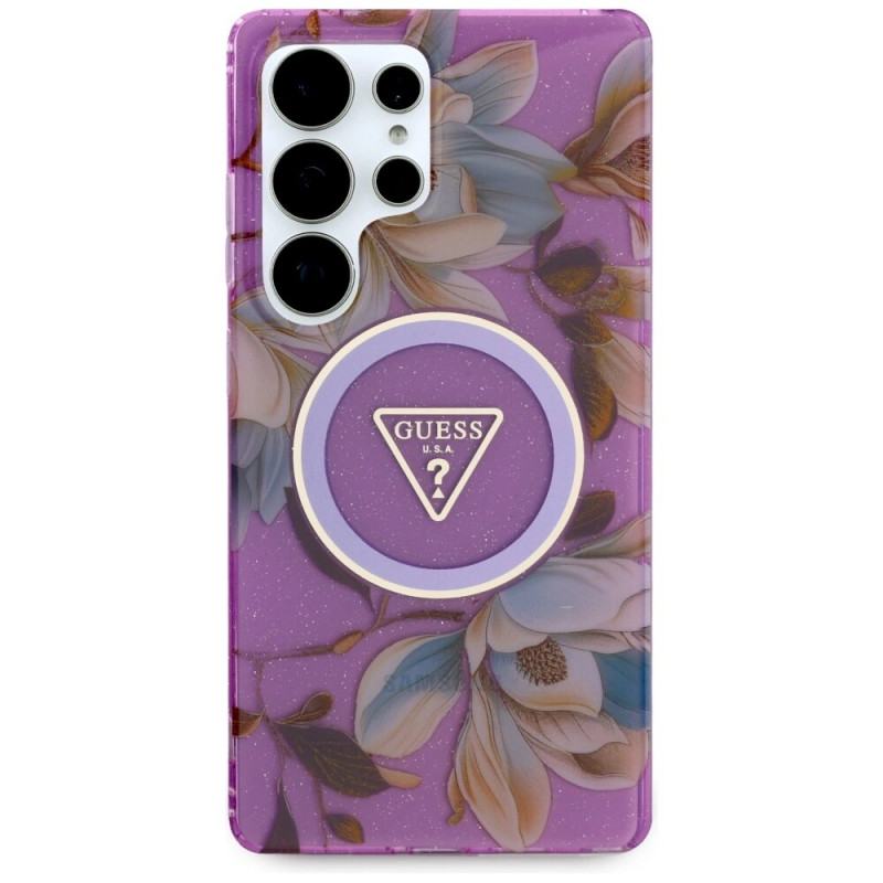 Guess Glitter Flowers Triangle Buttons MagSafe Case for Samsung Galaxy S25 Ultra, purple
