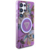 Guess Glitter Flowers Triangle Buttons MagSafe Case for Samsung Galaxy S25 Ultra, purple