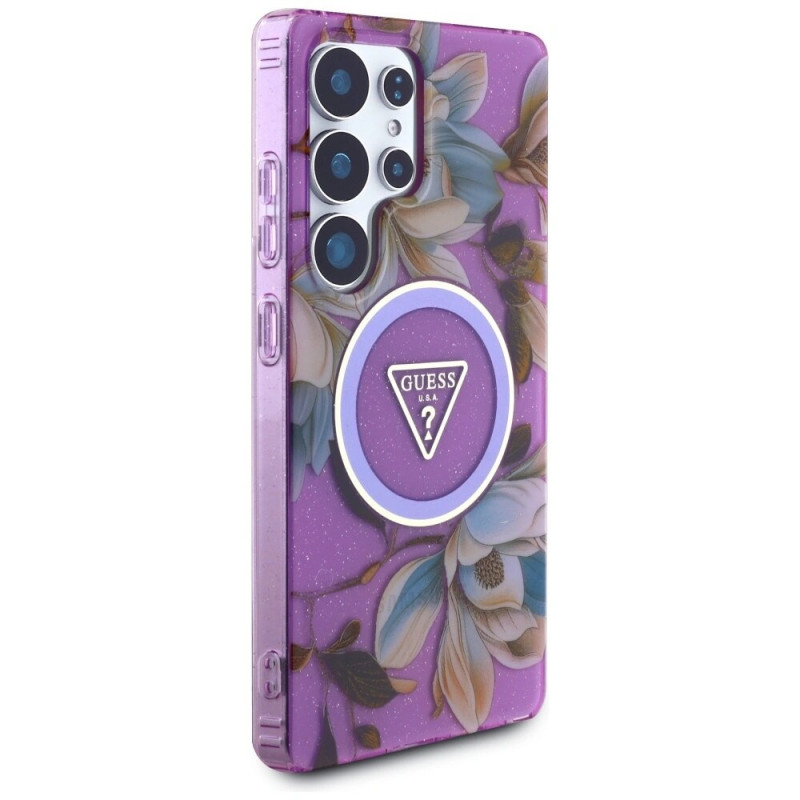 Guess Glitter Flowers Triangle Buttons MagSafe Case for Samsung Galaxy S25 Ultra, purple