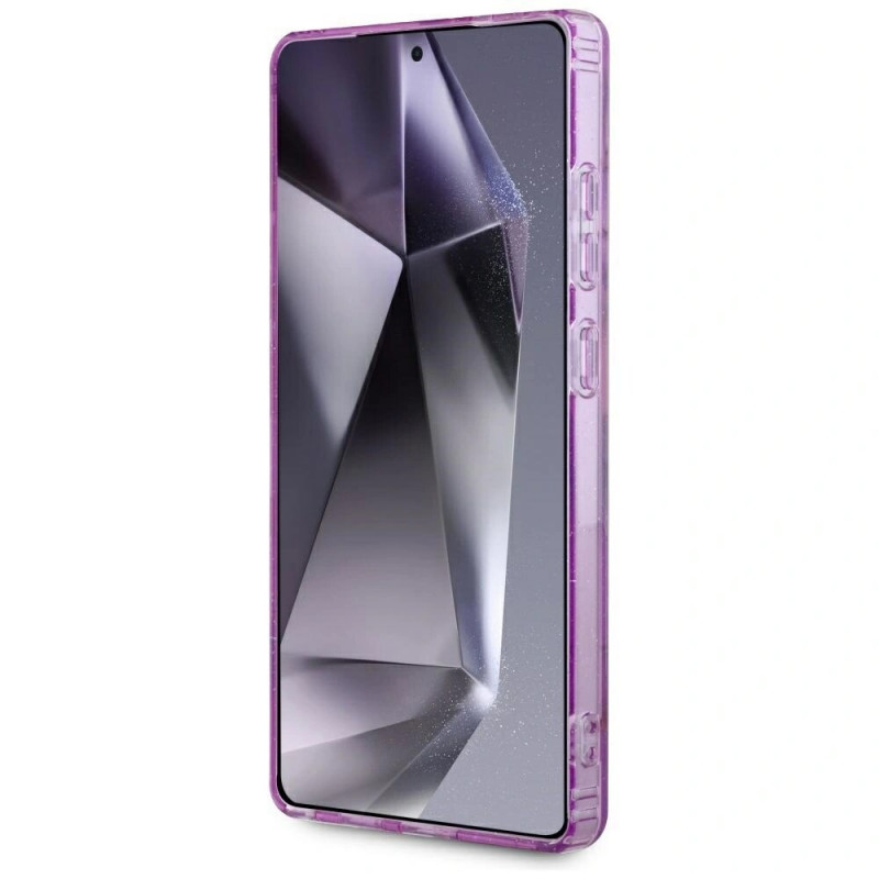 Guess Glitter Flowers Triangle Buttons MagSafe Case for Samsung Galaxy S25 Ultra, purple