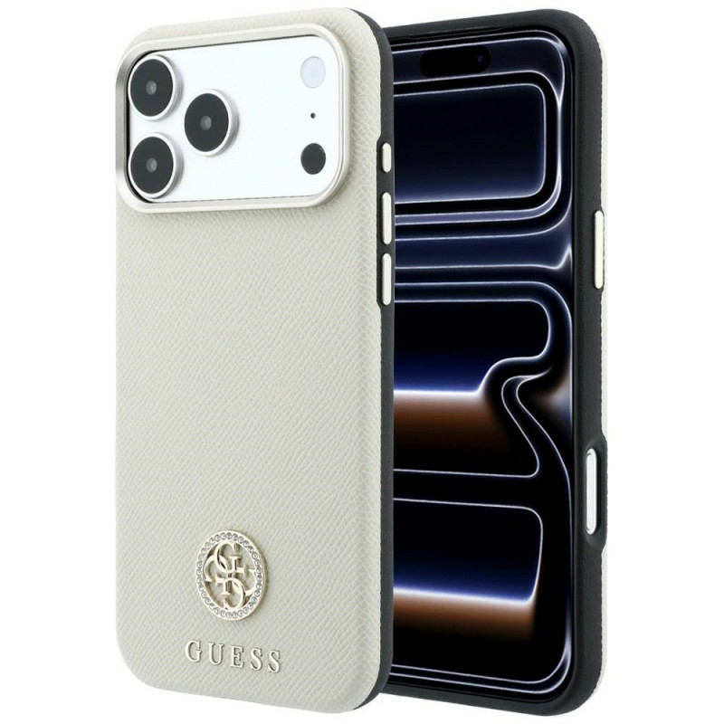 Guess GUE005545 Grained Round Strass Logo MagSafe Case for Apple iPhone 18 Pro / 17 Pro, beige