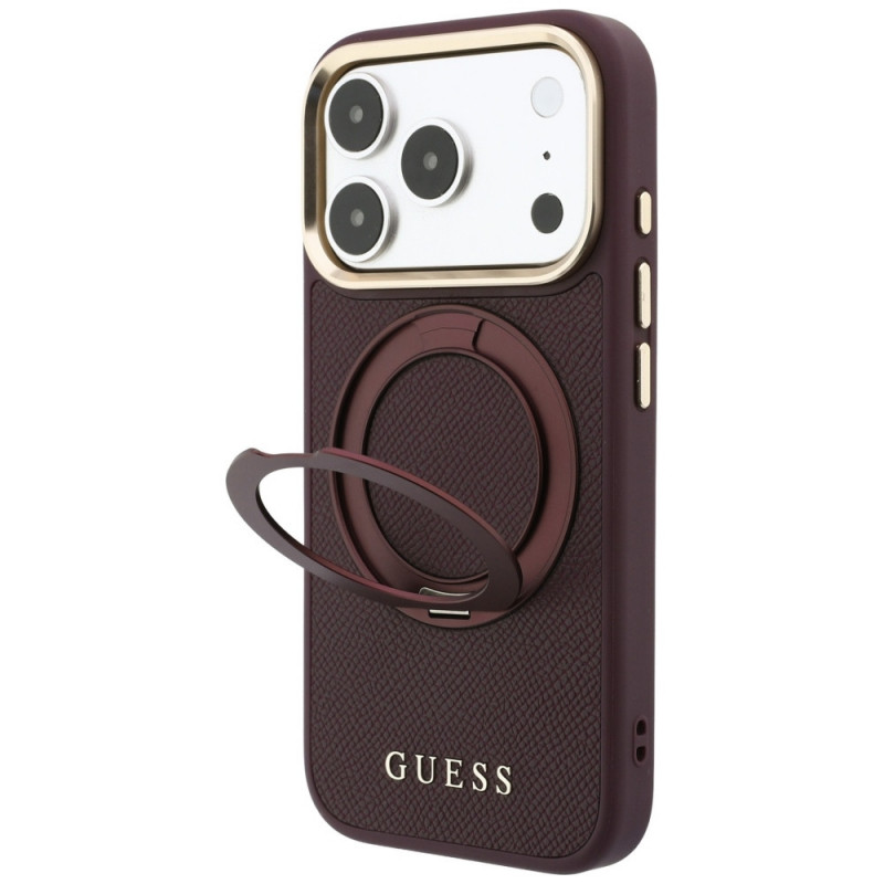 Guess Ring Stand 360 Grained Classic Logo MagSafe Case for Apple iPhone 18 Pro / 17 Pro, burgundy
