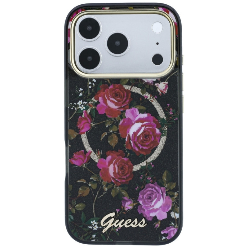 Guess GUE6042 IML Glitter Blossom Roses MagSafe Hardcase for Apple iPhone 18 Pro Max / 17 Pro Max, black