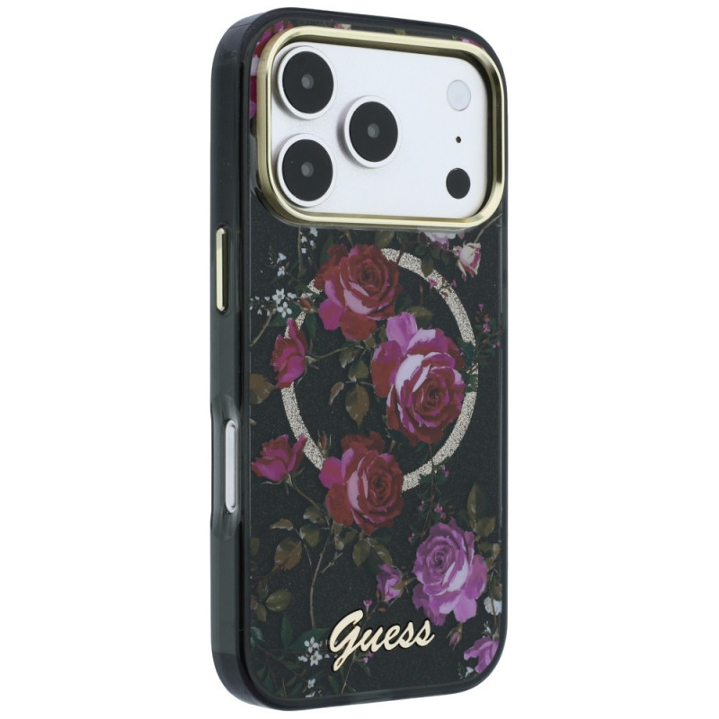 Guess GUE6042 IML Glitter Blossom Roses MagSafe Hardcase for Apple iPhone 18 Pro Max / 17 Pro Max, black
