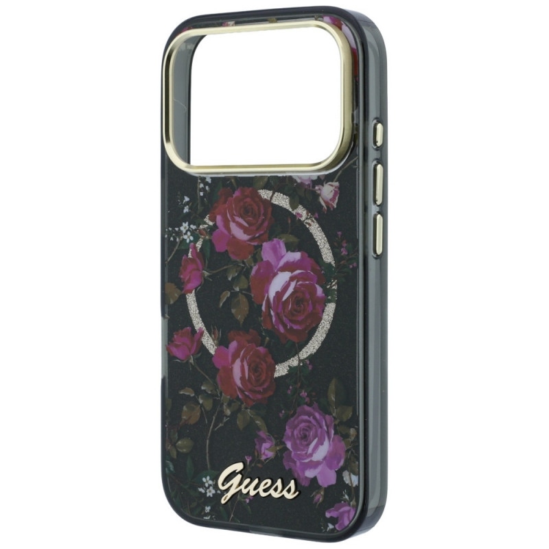 Guess GUE6042 IML Glitter Blossom Roses MagSafe Hardcase for Apple iPhone 18 Pro Max / 17 Pro Max, black