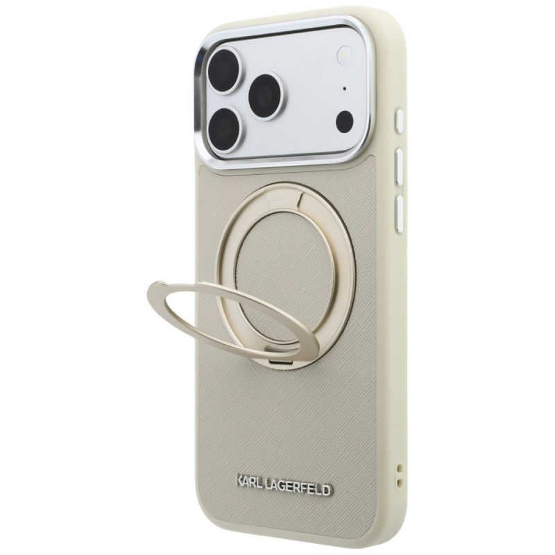 Karl Lagerfeld Ring Stand 360 Saffiano Classic Logo MagSafe Case for Apple iPhone 18 Pro / 17 Pro, Beige