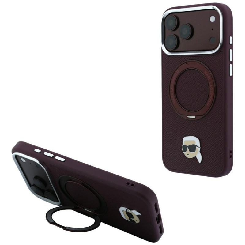 Karl Lagerfeld with Ring Stand 360 Karl Head Pin MagSafe Case for Apple iPhone 18 Pro Max / 17 Pro Max, Burgundy