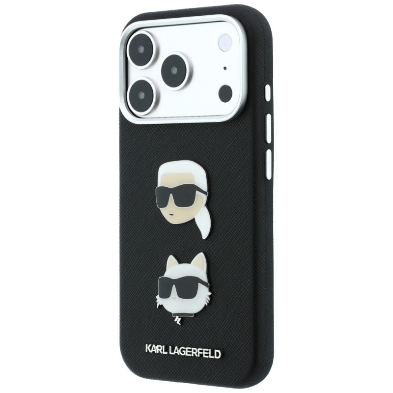 Karl Lagerfeld Saffiano Karl&Choupette Heads Pins Strap Logo Case for Apple iPhone 18 Pro / 17 Pro, black