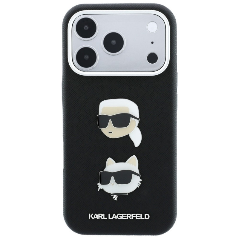 Karl Lagerfeld Saffiano Karl&Choupette Heads Pins Strap Logo Case for Apple iPhone 18 Pro / 17 Pro, black