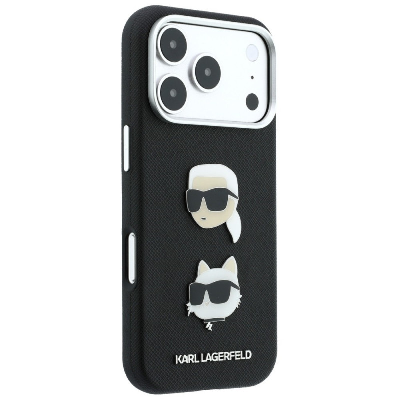 Karl Lagerfeld Saffiano Karl&Choupette Heads Pins Strap Logo Case for Apple iPhone 18 Pro / 17 Pro, black