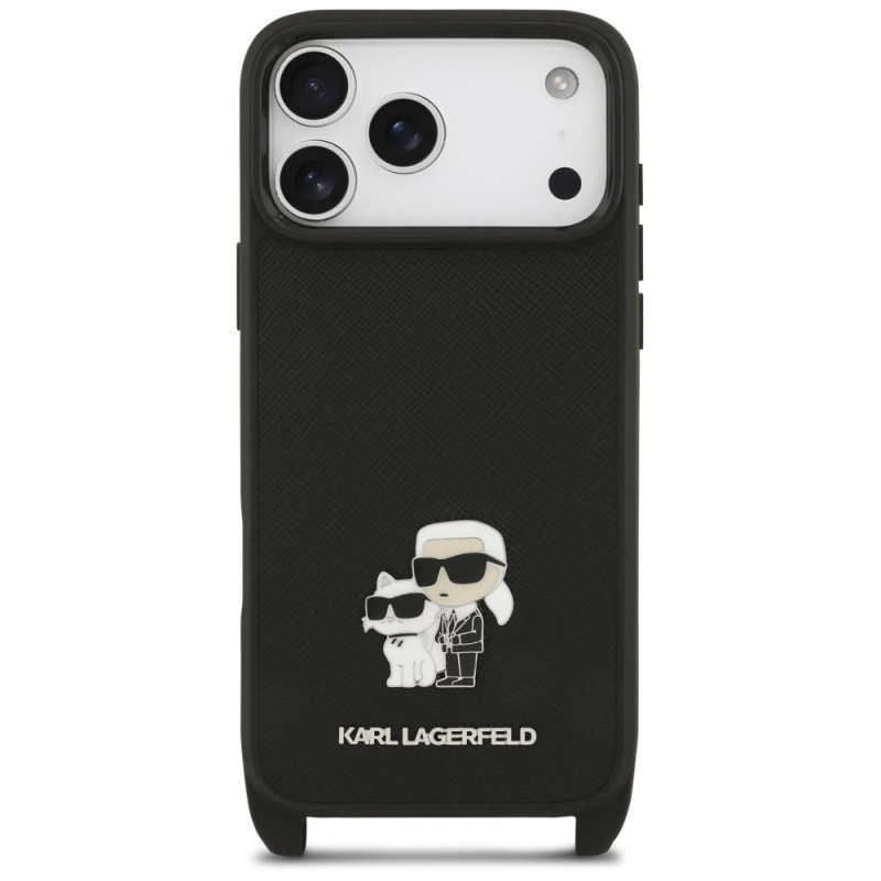 Karl Lagerfeld Saffiano Karl&Choupette Metal Pin CBDY Strap Case for Apple iPhone 18 Pro Max / 17 Pro Max, black