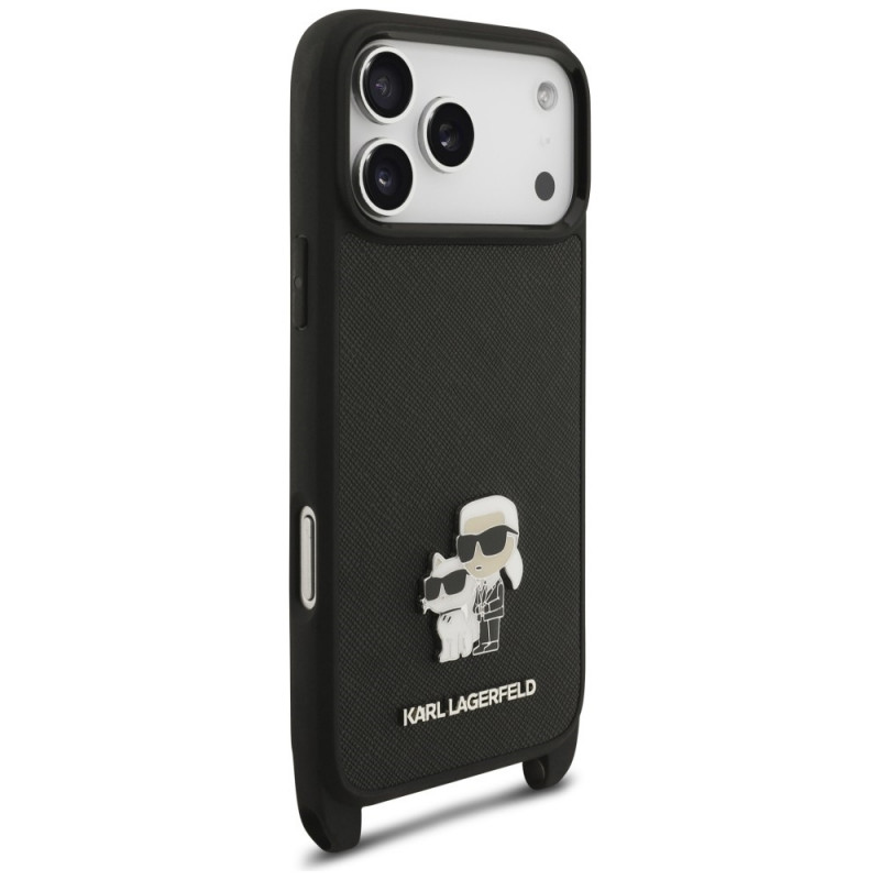 Karl Lagerfeld Saffiano Karl&Choupette Metal Pin CBDY Strap Case for Apple iPhone 18 Pro Max / 17 Pro Max, black