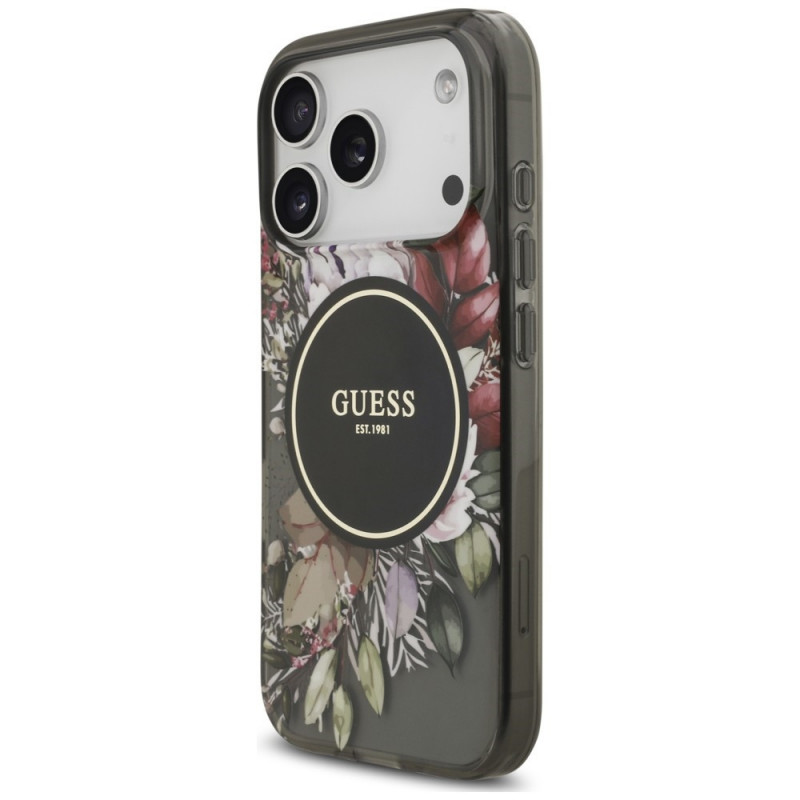 Guess IML Flowers Pearl Strap MagSafe Case for Apple iPhone 18 Pro / 17 Pro, black