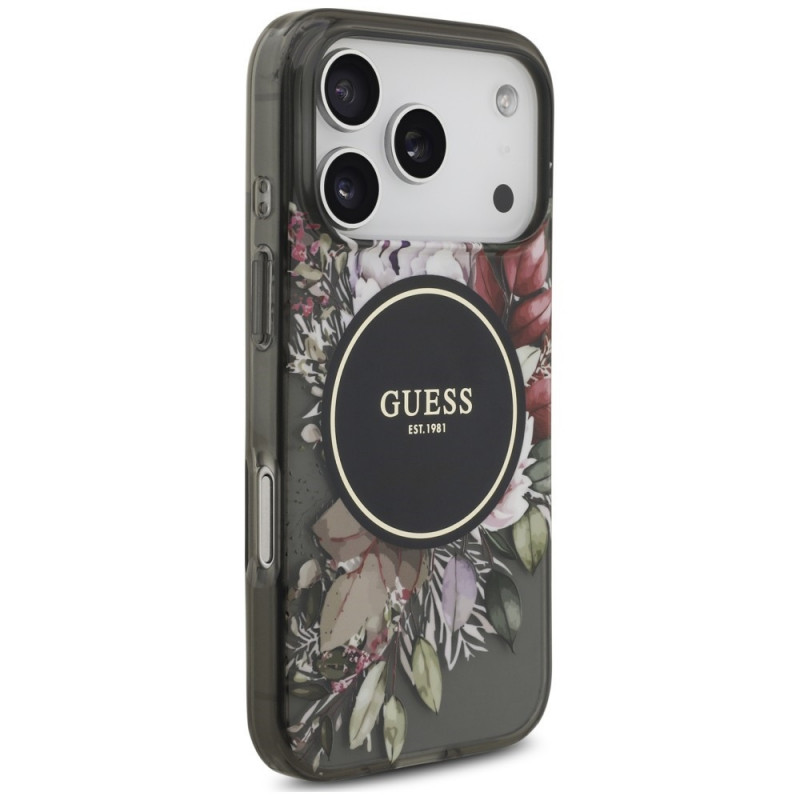 Guess IML Flowers Pearl Strap MagSafe Case for Apple iPhone 18 Pro / 17 Pro, black