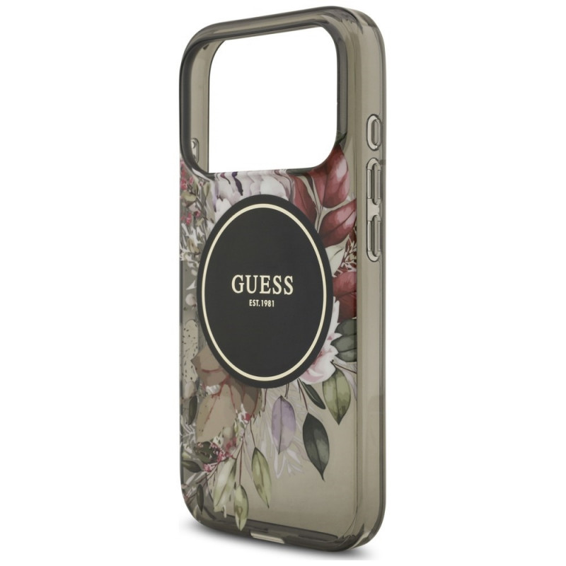 Guess IML Flowers Pearl Strap MagSafe Case for Apple iPhone 18 Pro / 17 Pro, black