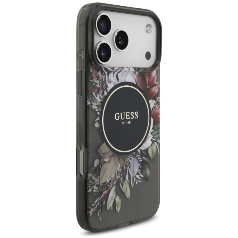 Guess IML Flowers Pearl Strap MagSafe Case for Apple iPhone 18 Pro Max / 17 Pro Max, black