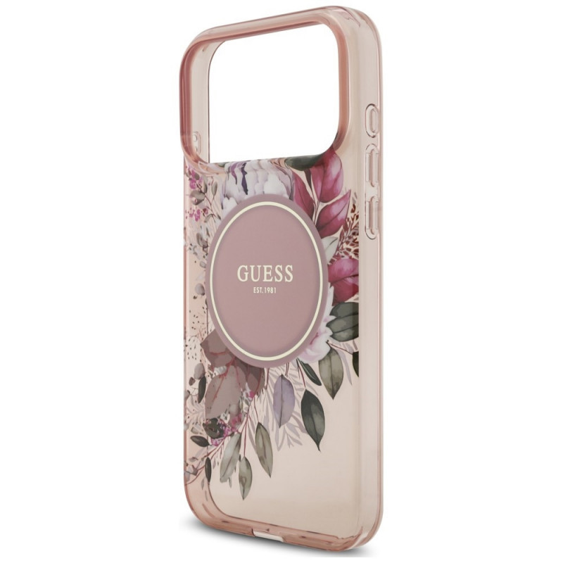 Guess IML Flowers Pearl Strap MagSafe Case for Apple iPhone 18 Pro / 17 Pro, pink
