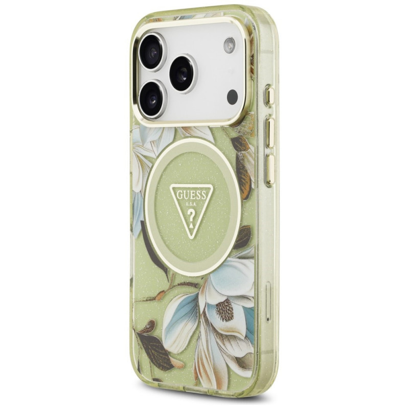 Guess IML Glitter Flowers Triangle MagSafe Case for Apple iPhone 18 Pro Max / 17 Pro Max, green