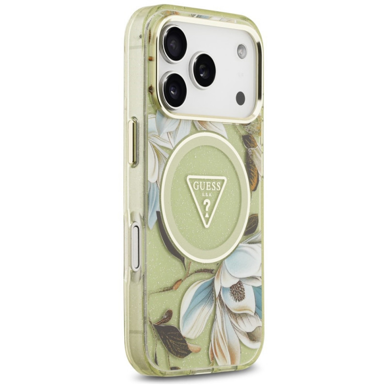 Guess IML Glitter Flowers Triangle MagSafe Case for Apple iPhone 18 Pro Max / 17 Pro Max, green