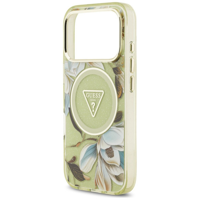 Guess IML Glitter Flowers Triangle MagSafe Case for Apple iPhone 18 Pro Max / 17 Pro Max, green