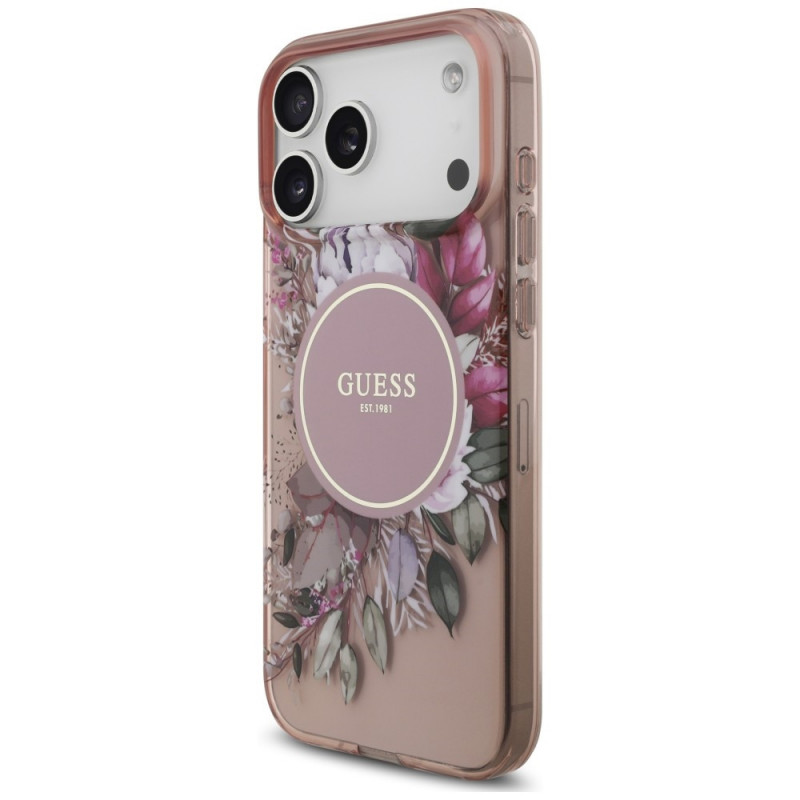 Guess IML Flowers Pearl Strap MagSafe Case for Apple iPhone 18 Pro Max / 17 Pro Max, pink
