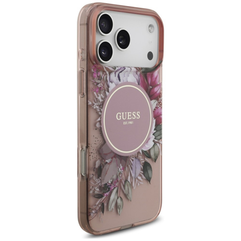 Guess IML Flowers Pearl Strap MagSafe Case for Apple iPhone 18 Pro Max / 17 Pro Max, pink
