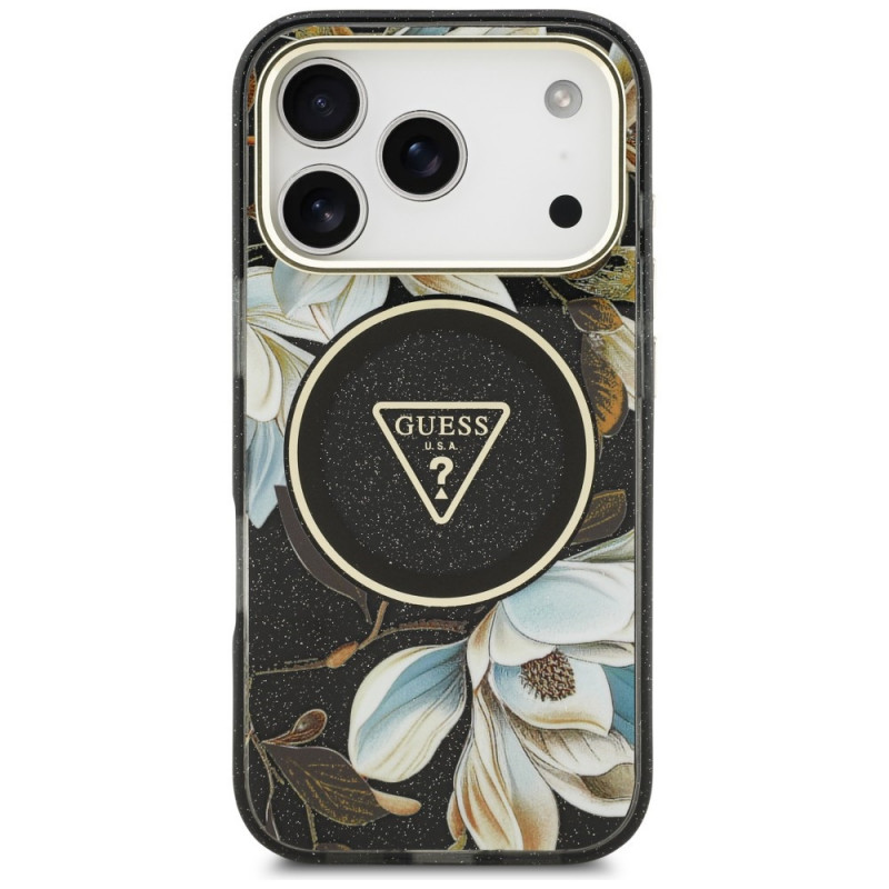 Guess IML Glitter Flowers Triangle MagSafe Case for Apple iPhone 18 Pro Max / 17 Pro Max, black