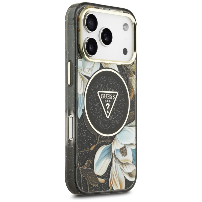 Guess IML Glitter Flowers Triangle MagSafe Case for Apple iPhone 18 Pro Max / 17 Pro Max, black