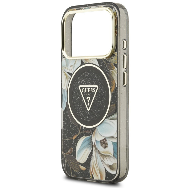 Guess IML Glitter Flowers Triangle MagSafe Case for Apple iPhone 18 Pro Max / 17 Pro Max, black