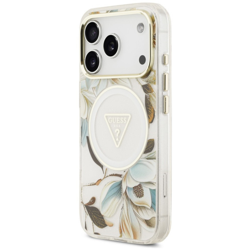 Guess IML Glitter Flowers Triangle MagSafe Case for Apple iPhone 18 Pro Max / 17 Pro Max, White