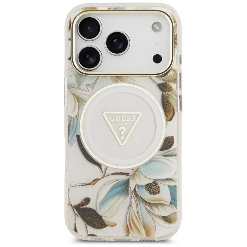Guess IML Glitter Flowers Triangle MagSafe Case for Apple iPhone 18 Pro Max / 17 Pro Max, White