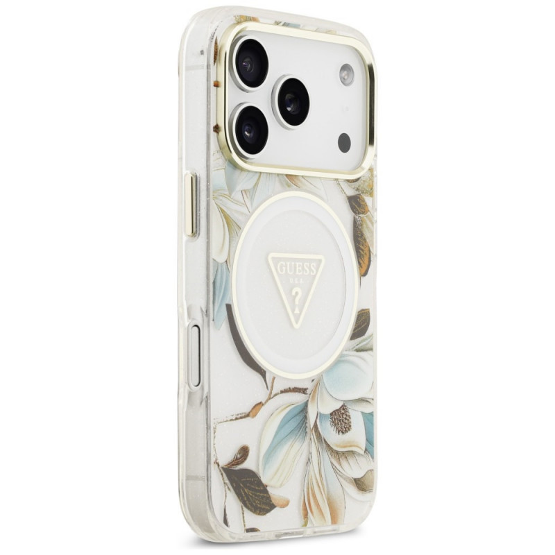 Guess IML Glitter Flowers Triangle MagSafe Case for Apple iPhone 18 Pro Max / 17 Pro Max, White