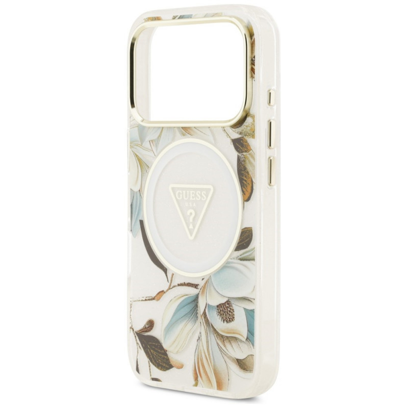 Guess IML Glitter Flowers Triangle MagSafe Case for Apple iPhone 18 Pro Max / 17 Pro Max, White